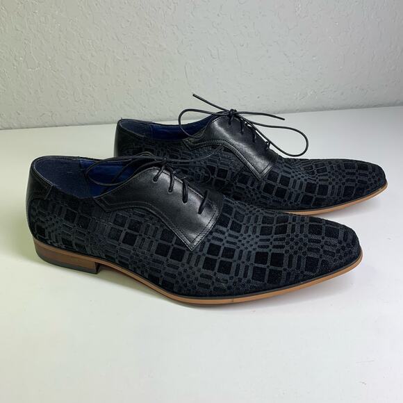 RITIZEN‎ Derby Oxford Dress Shoes Textured Velvet Leather Lace Up Black Plaid - Picture 4 of 11